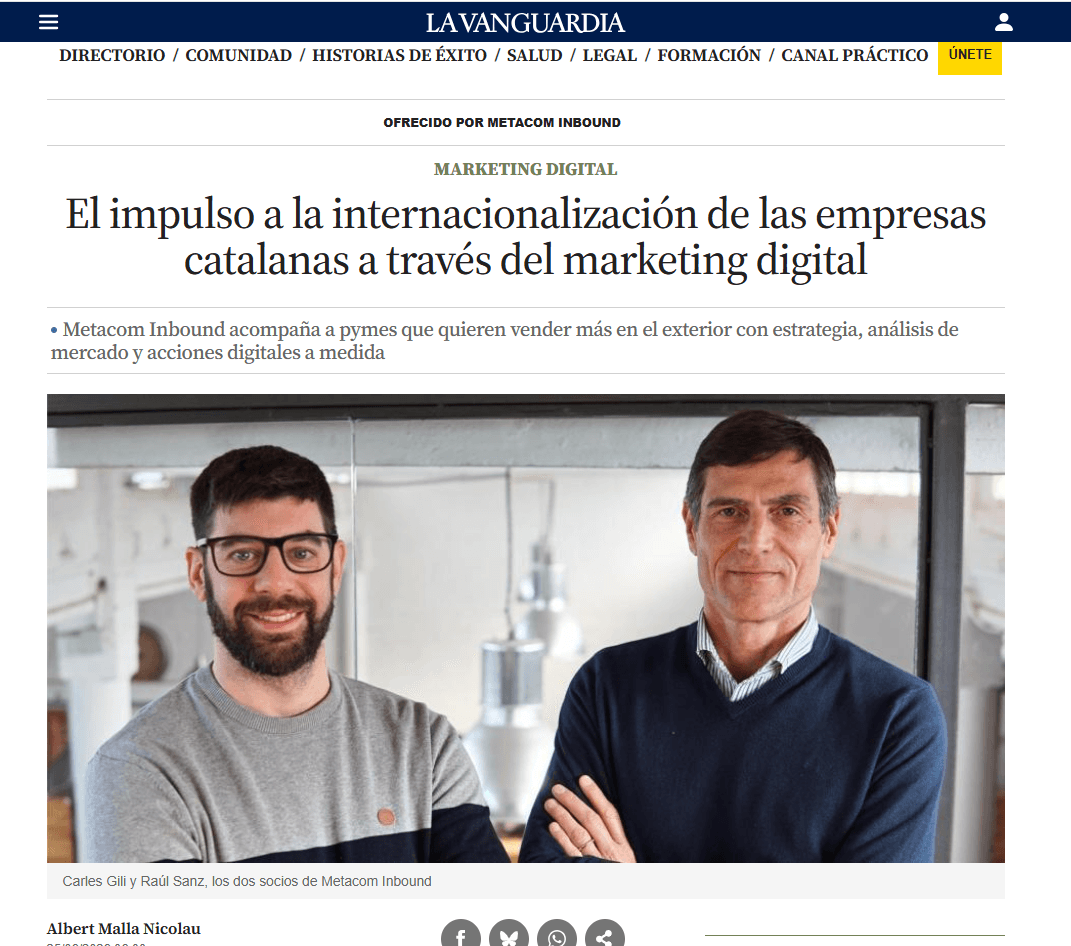 Captura de pantalla del artículo de La Vanguardia destacando a Metacom Inbound como agencia líder en marketing digital y acompañamiento a pymes en internacionalización