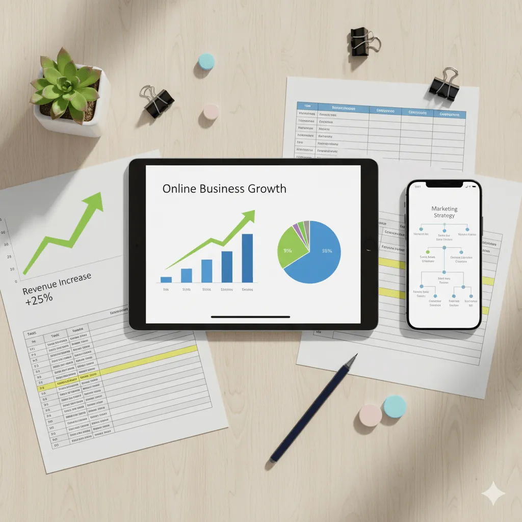 Profesional de marketing digital colaborando con un robot para diseñar estrategias de negocio personalizadas y asegurar visibilidad online.