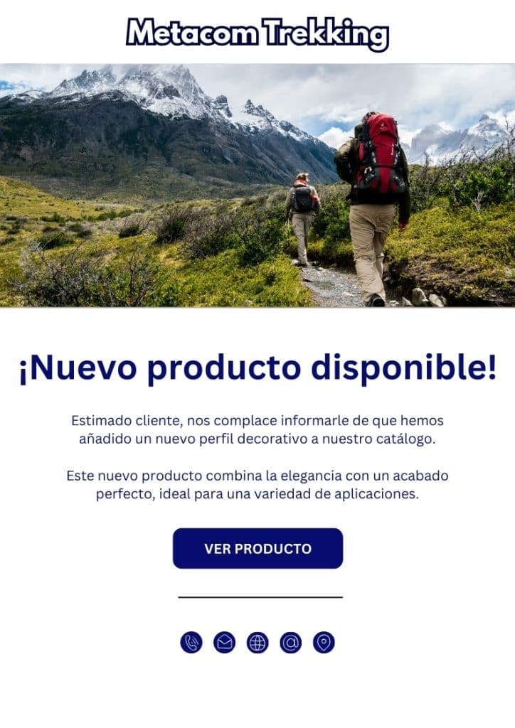 Personas haciendo trekking en la montaña con mochilas grandes, imagen de campaña de email marketing de Metacom Trekking sobre nuevo producto disponible.