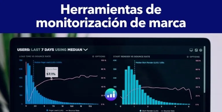 Infografía sobre cómo Metacom ayuda a monitorizar la reputación de marca online, resaltando el manejo de factores internos y externos. Una persona analiza gráficos de datos.