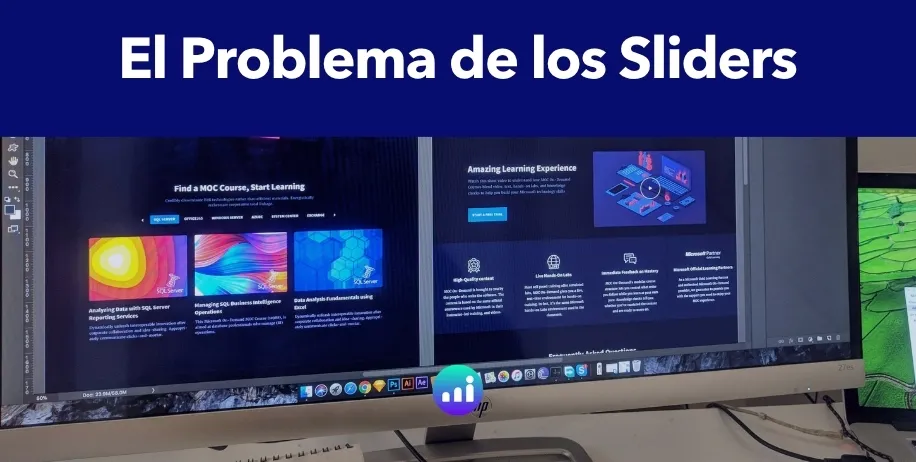 Infografía que muestra el impacto negativo de los sliders dinámicos en la velocidad de la página web y el SEO, con un gráfico de carga que indica lentitud y un icono de ojo tachado.