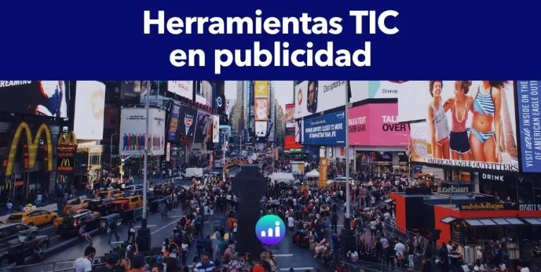 Infografía de las TIC en publicidad mostrando un embudo de conversión con iconos de redes sociales y analítica de datos para captación de usuarios en marketing digital.