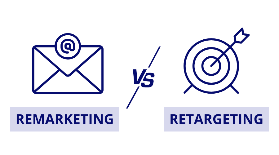 Imagen comparativa entre el remarketing representado por un icono de email y el retargeting representado por un objetivo con flecha