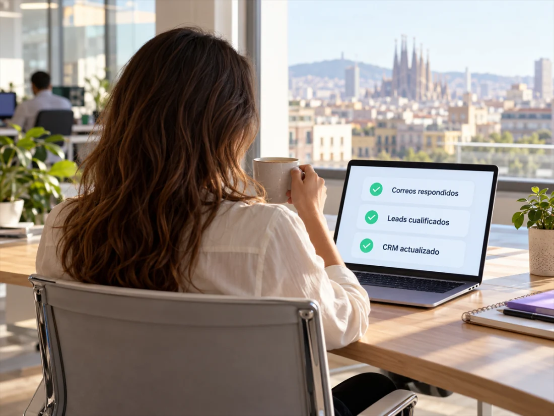 Persona tomando un café mientras su portátil muestra correos respondidos, leads cualificados y CRM actualizado por un agente IA