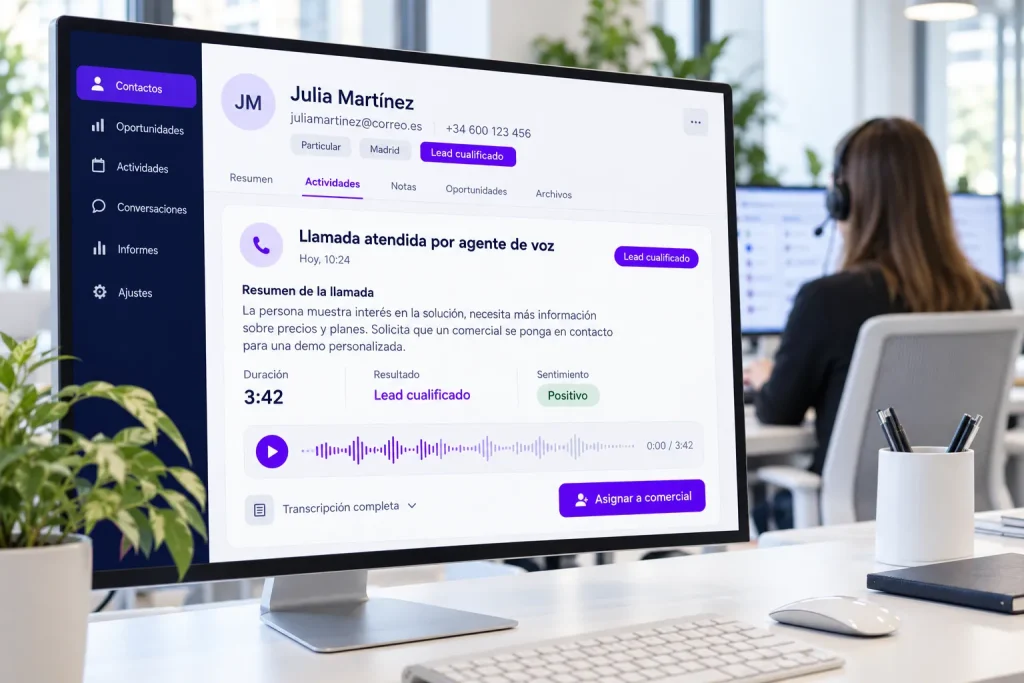 Ficha de contacto en un CRM con el resumen de una llamada atendida por un agente de voz y la etiqueta lead cualificado