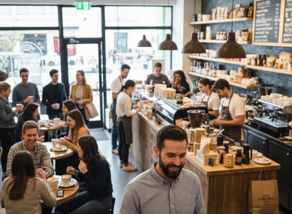 Propietario de cafetería analizando datos de rendimiento del negocio en un local con clientes