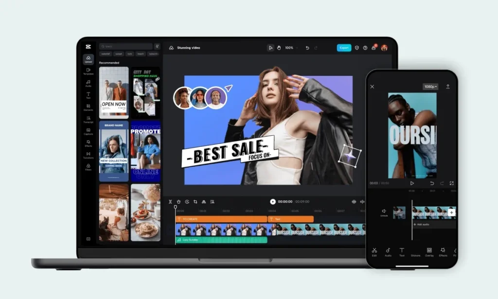 Interfaz de aplicación móvil y de escritorio para crear videos con fotos, música y efectos en Android e iOS