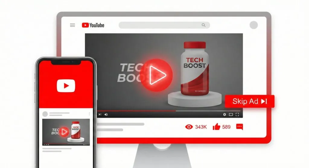 Representación visual de una estrategia de campaña SEM en Google Ads y YouTube para aumentar la visibilidad y ventas en Sant Cugat.