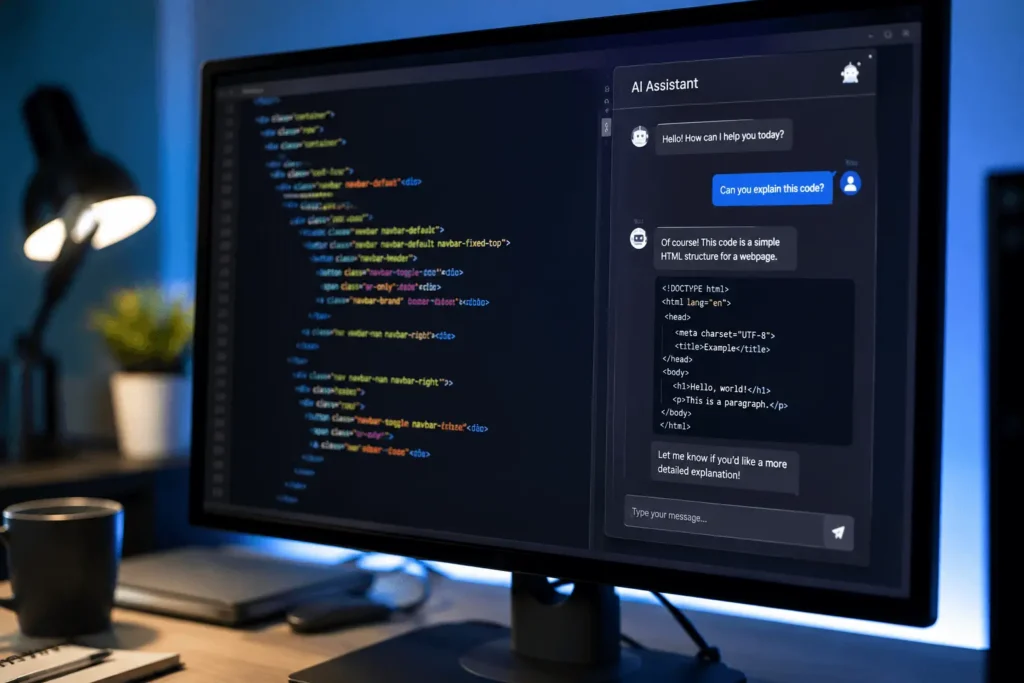 Un chatbot de IA a medida interactuando con clientes, representando la automatización empresarial y atención al cliente 24/7.