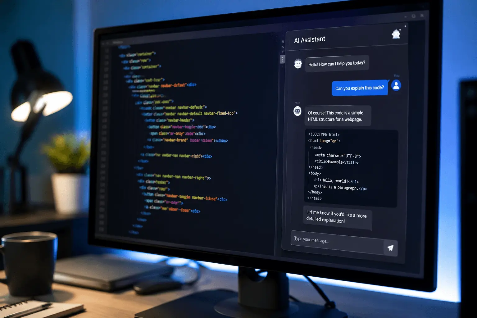 Un chatbot de IA a medida interactuando con clientes, representando la automatización empresarial y atención al cliente 24/7.
