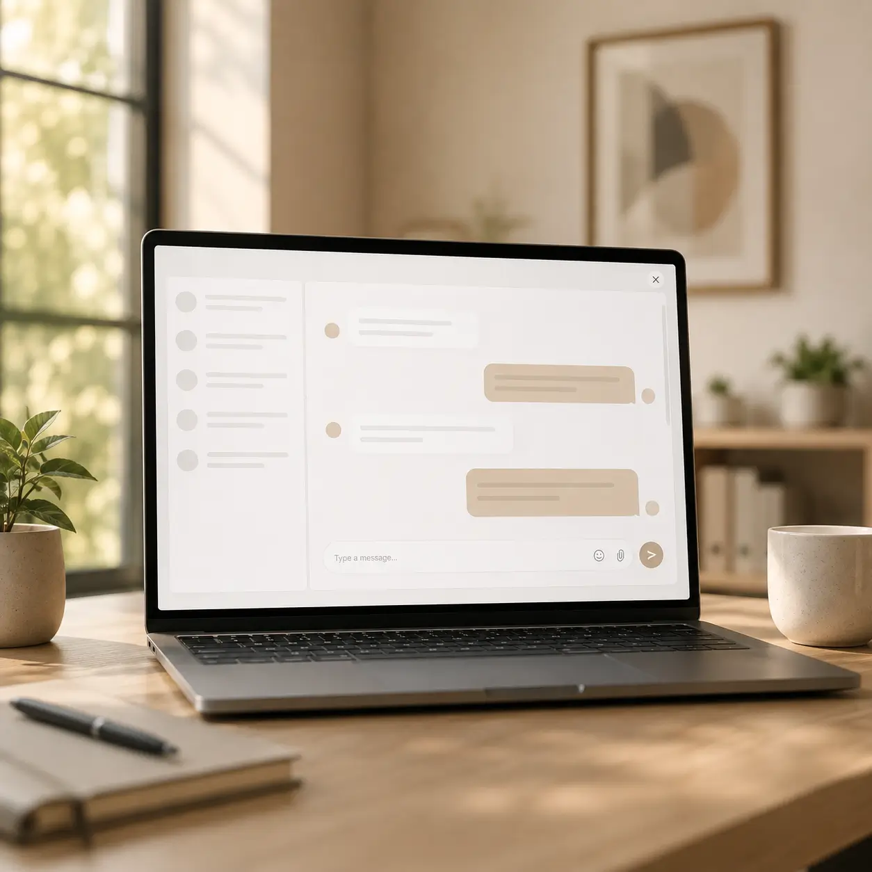 Ilustración de un chatbot IA amigable ayudando a una empresaria, simbolizando automatización eficiente y atención al cliente mejorada con inteligencia artificial.