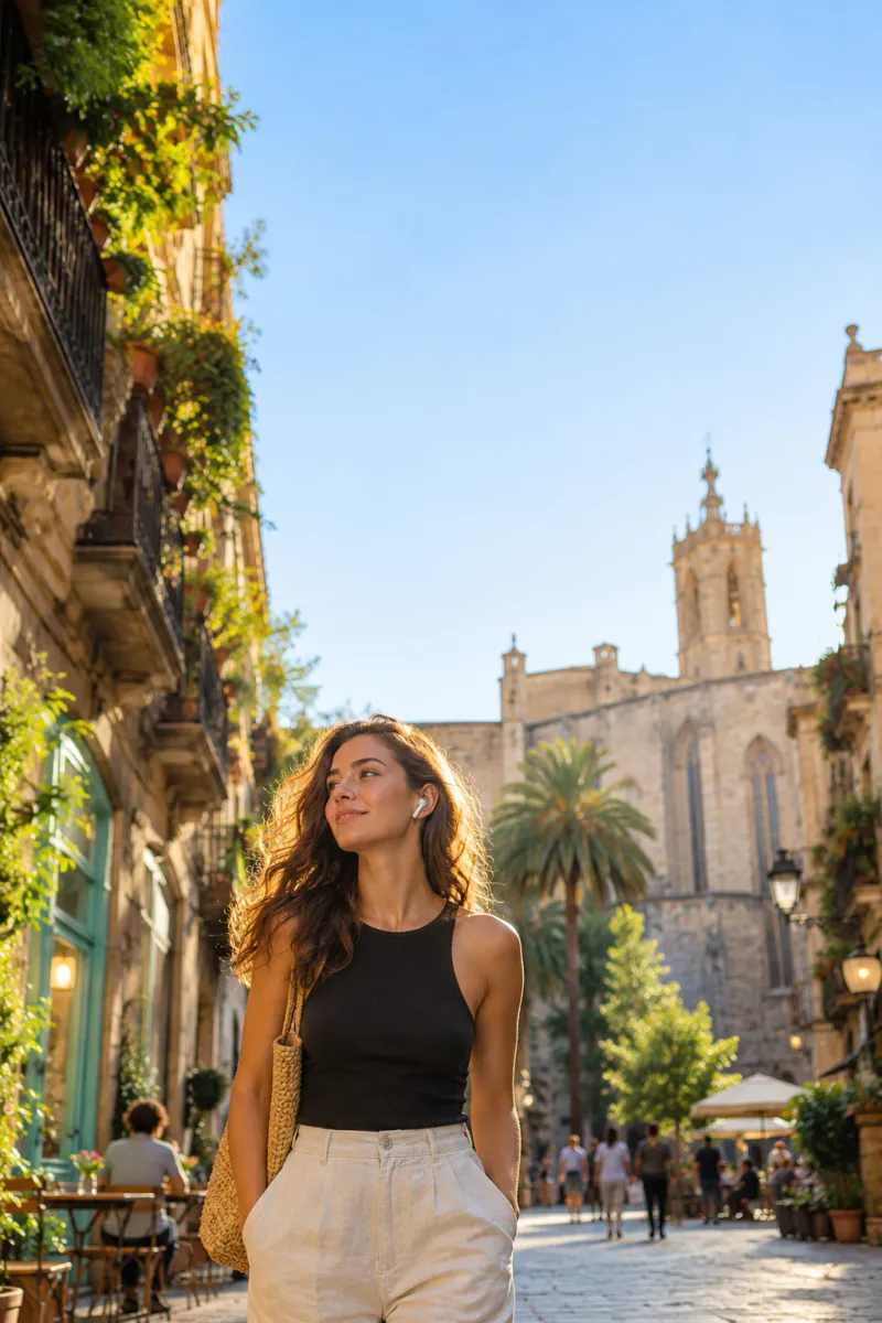 Chica sonriente con auriculares inalámbricos paseando por una calle del Born de Barcelona con luz de tarde y cielo despejado