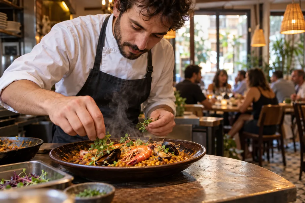 Cocinero termina con brotes verdes un arroz de marisco humeante con gambas y mejillones, con la sala del restaurante desenfocada al fondo