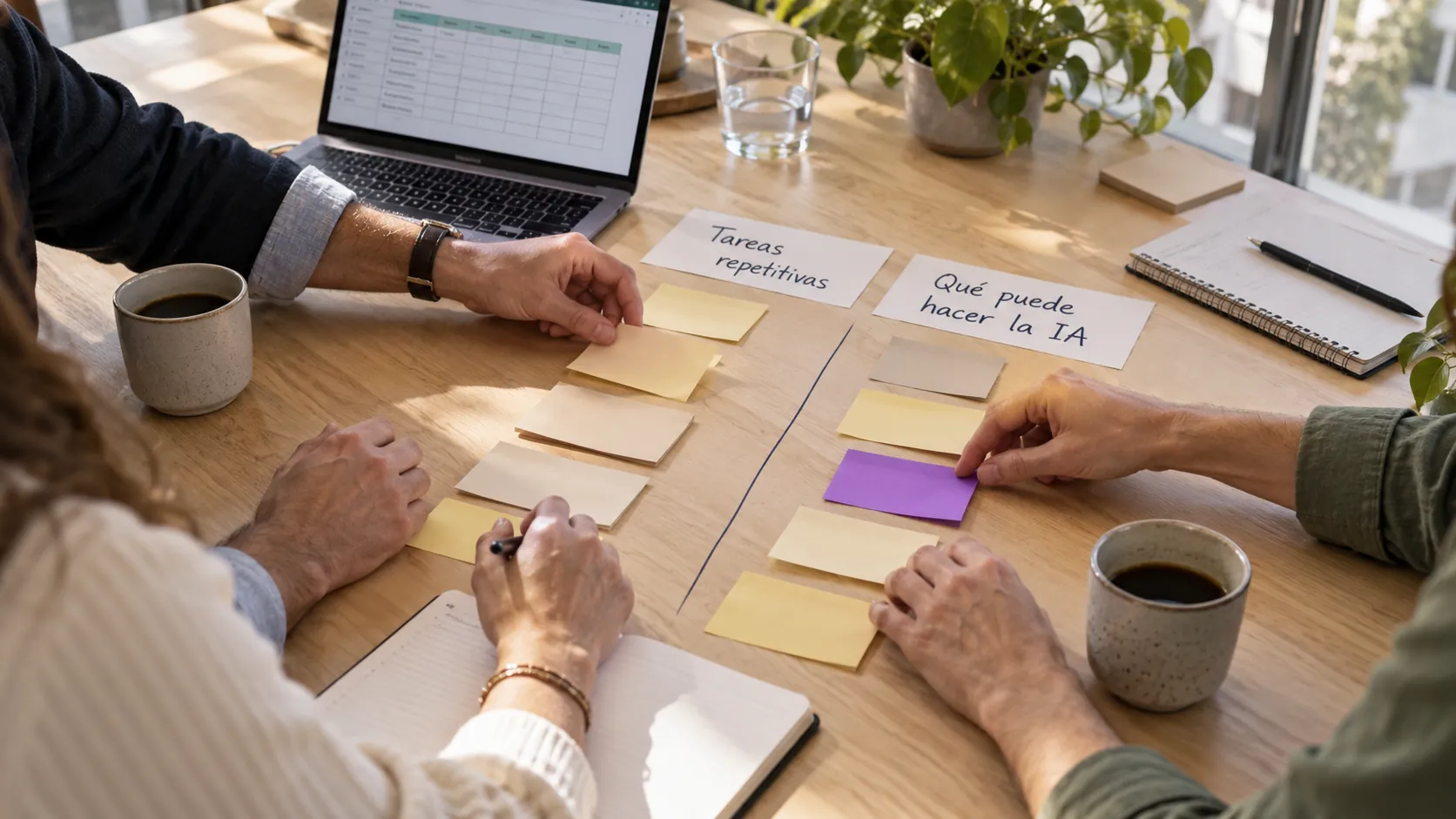 Equipo ordenando post-its sobre una mesa en dos columnas, tareas repetitivas y qué puede hacer la IA