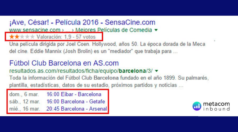 Ejemplo de fragmentos enriquecidos o Rich Snippets mostrando valoraciones y eventos en Google