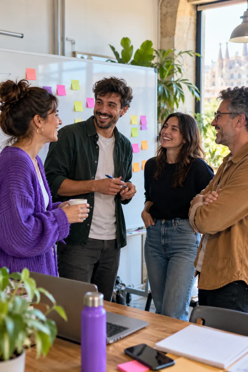 Cuatro compañeros de una startup ríen durante una reunión de pie junto a una pizarra con post-its de colores en una oficina luminosa