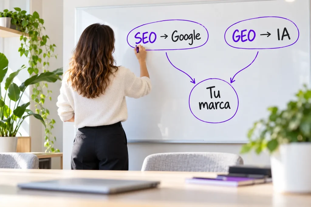 Consultora dibujando en una pizarra el esquema SEO hacia Google y GEO hacia la IA, que confluyen en la marca
