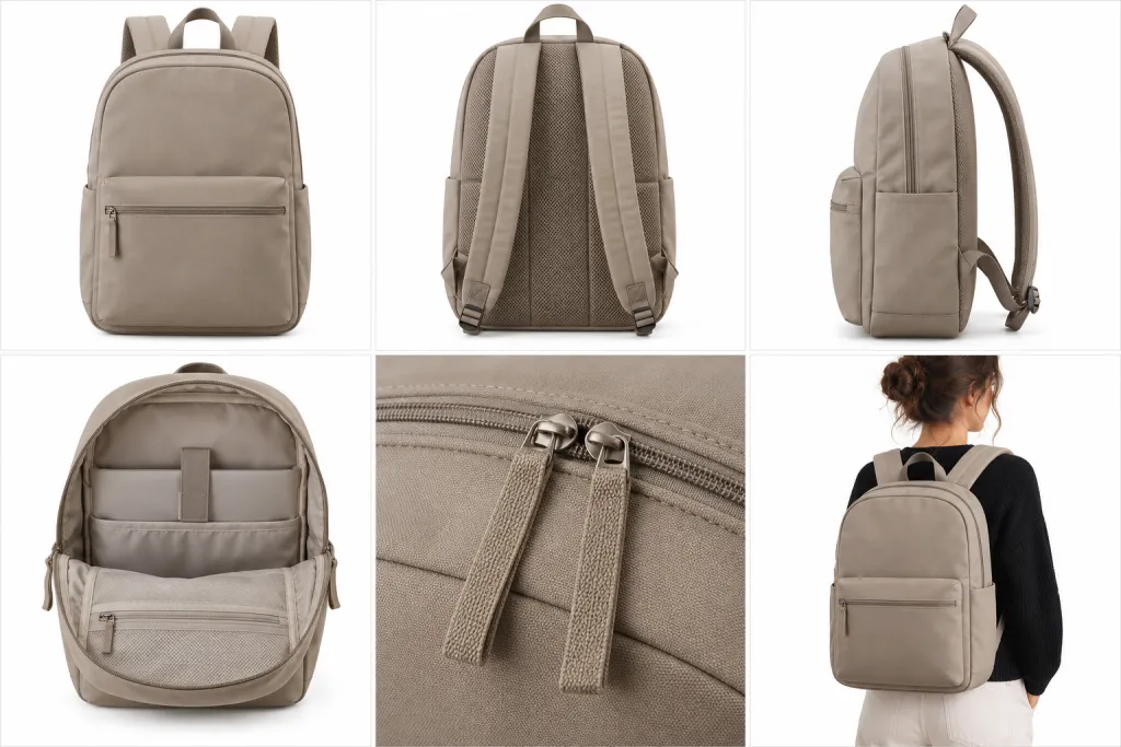 Cuadrícula de seis fotos de la misma mochila sobre fondo blanco: frontal, trasera, lateral, abierta por dentro, detalle de la cremallera y puesta en la espalda
