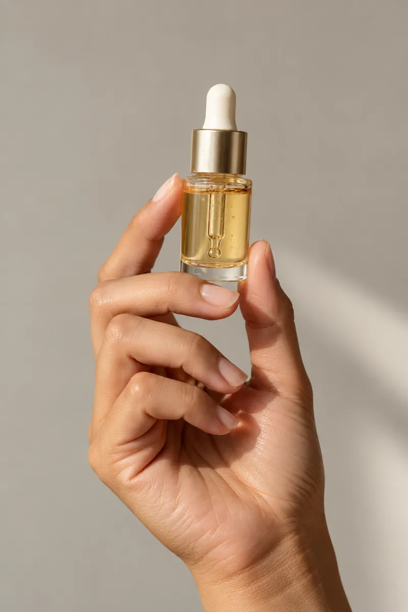 Mano sujetando entre los dedos un pequeño frasco cuentagotas de sérum sobre un fondo gris neutro