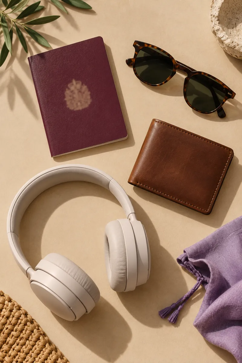 Vista cenital de un pasaporte, unas gafas de sol, una cartera de piel y unos auriculares sobre un fondo color arena