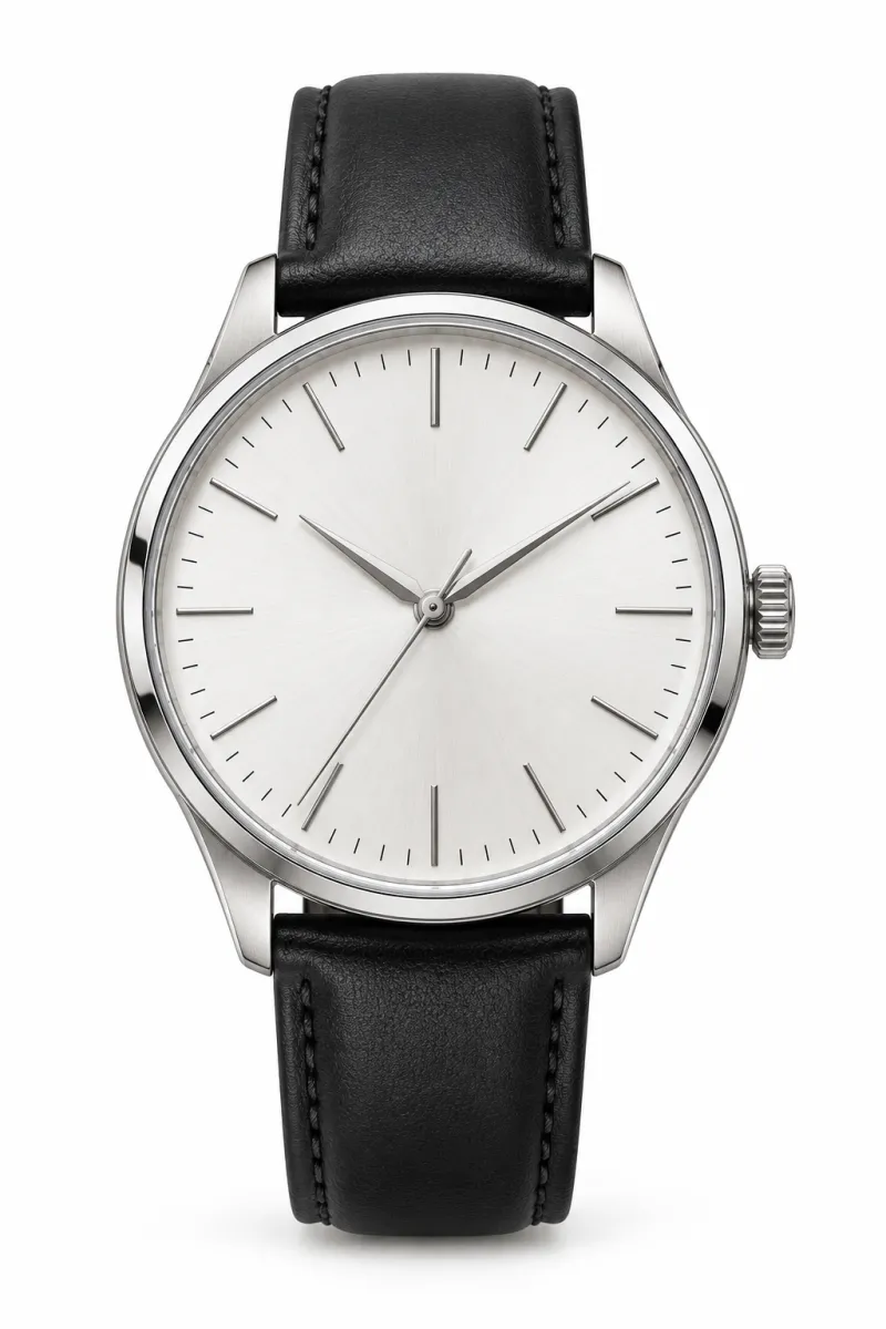Reloj de pulsera con esfera plateada y correa de piel negra fotografiado de frente sobre fondo blanco puro