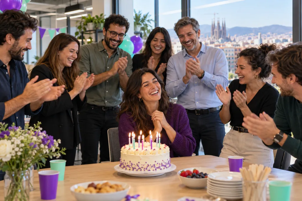 Compañeros aplaudiendo alrededor de una empleada sentada ante una tarta con velas en una oficina con globos morados y verde menta