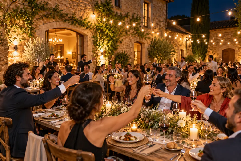 Invitados brindando con copas de vino en mesas largas al aire libre en el patio de una masía iluminado con guirnaldas de luces
