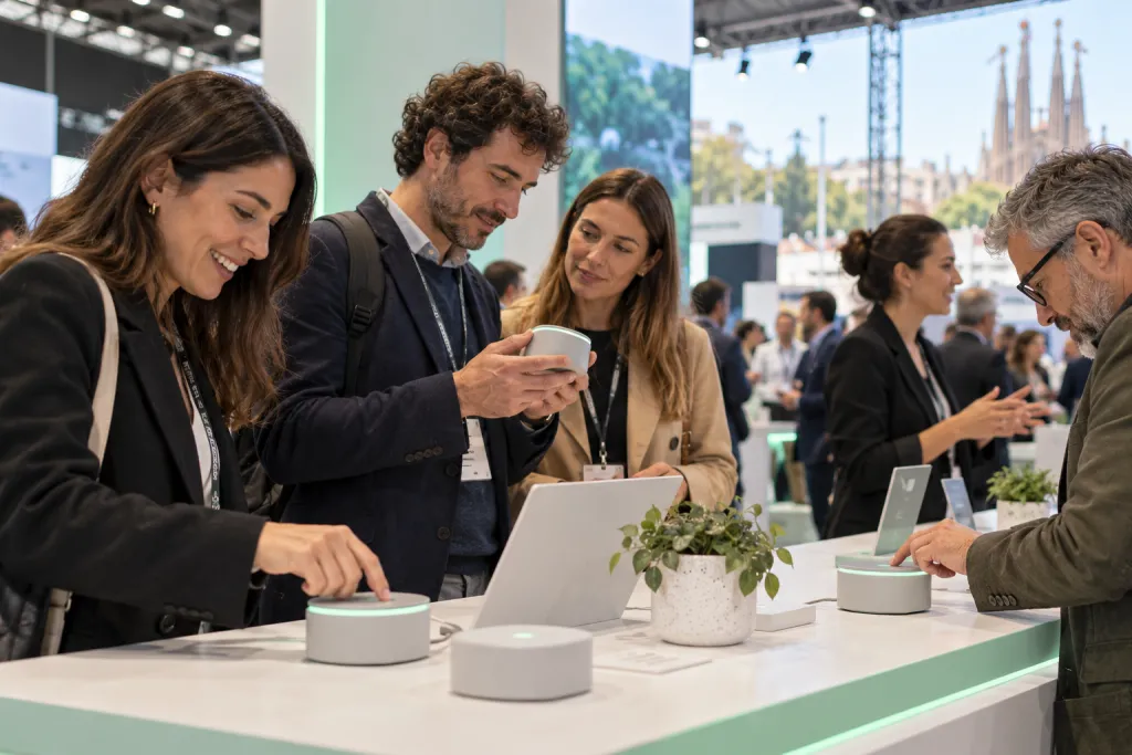 Visitantes con acreditación prueban unos dispositivos en la mesa de demostración de un stand en una feria de tecnología