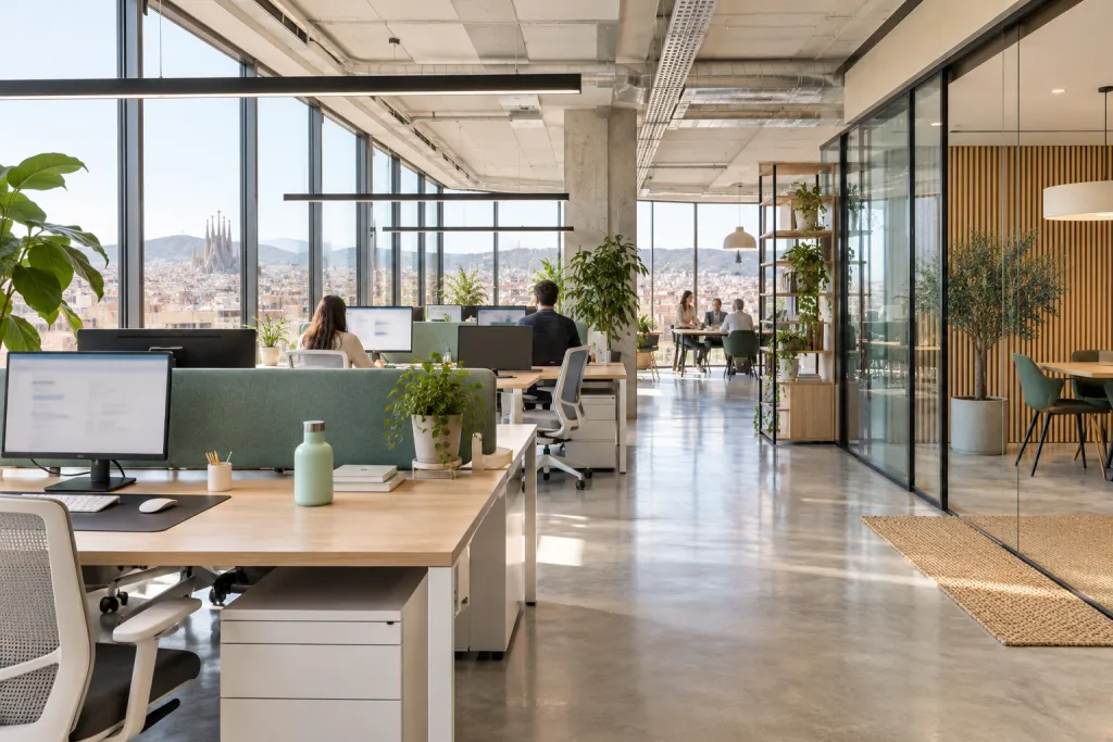 Oficina diáfana y luminosa con puestos de trabajo de madera, plantas y ventanales con vistas a Barcelona