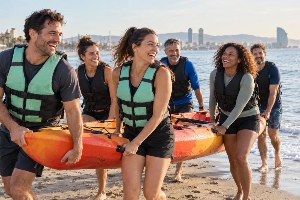 Equipo de seis personas con chalecos salvavidas cargando un kayak entre risas por la orilla de una playa de Barcelona con luz de mañana