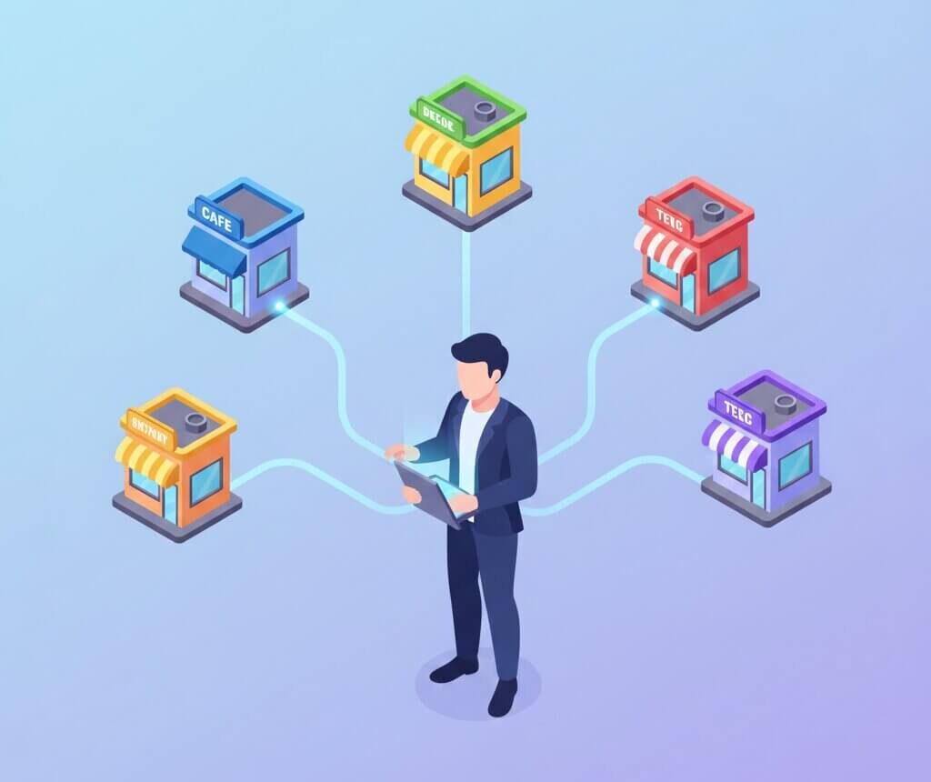 Ilustración de gestor controlando varios negocios conectados mediante una plataforma digital centralizada
