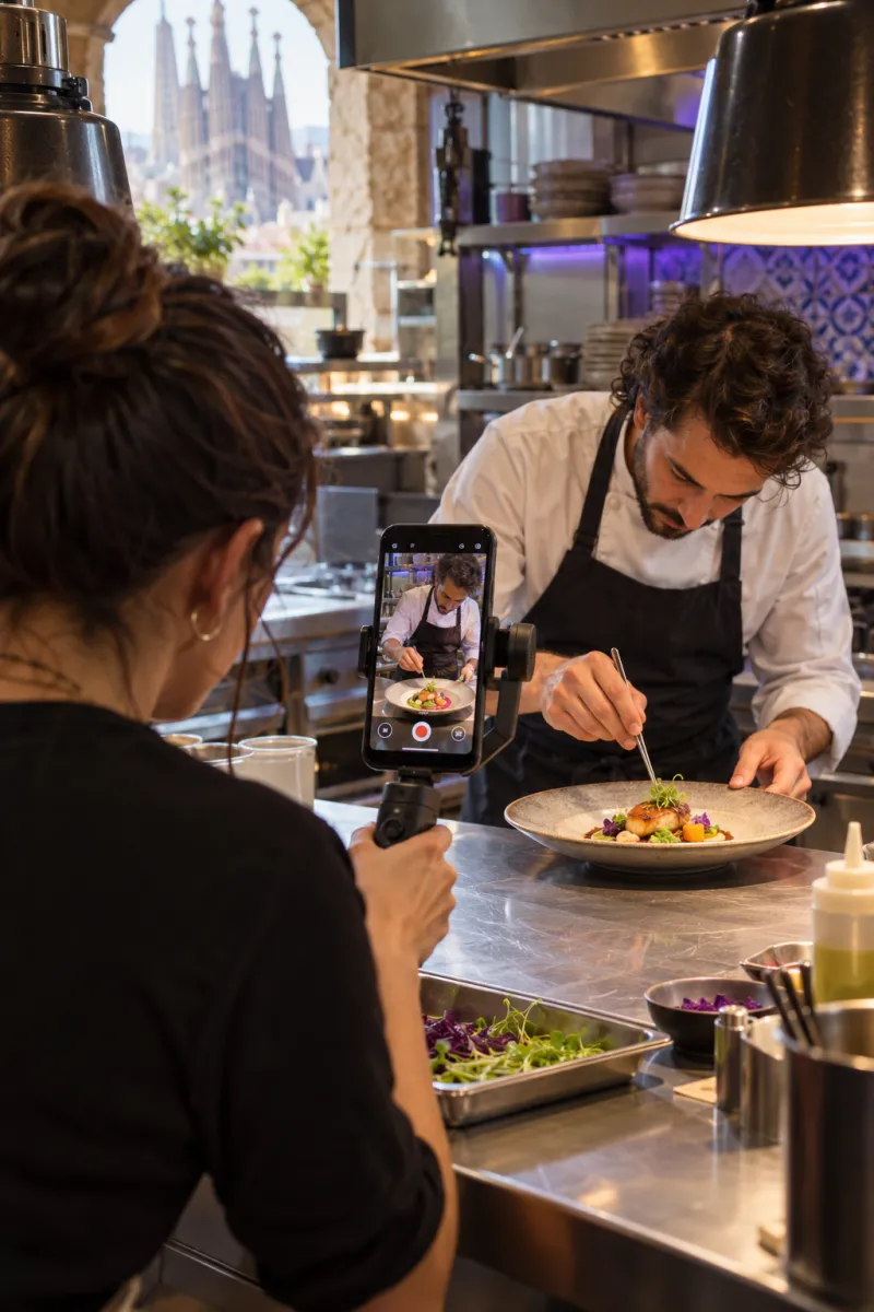 Creadora de contenido graba con un móvil en un estabilizador a un chef que emplata con pinzas en la cocina de un restaurante