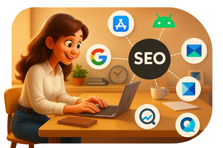 Ilustración de estrategias SEO avanzadas para apps, mostrando cómo incrementar la visibilidad y descargas de aplicaciones móviles en tiendas como Google Play y App Store.