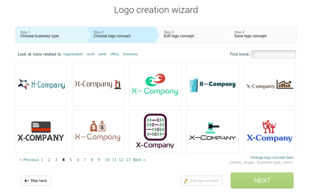 Asistente online para crear logotipos personalizados: selección de conceptos, edición y guardado paso a paso.
