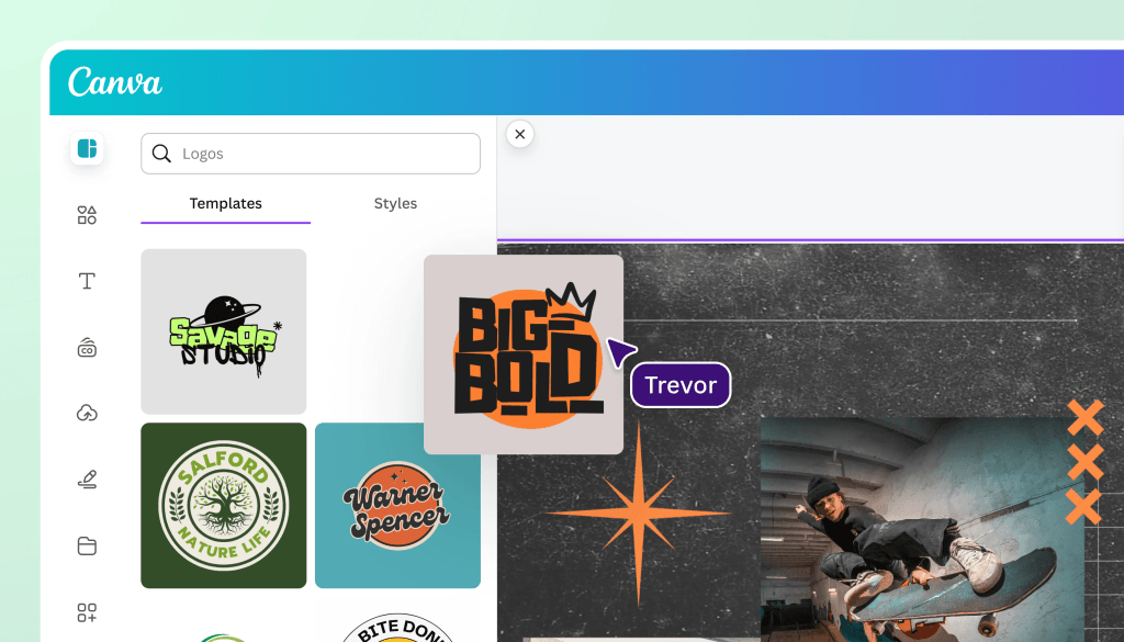 Interfaz de Canva con plantillas de logotipos personalizables y diseño gráfico en proceso.