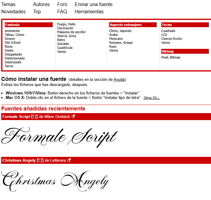 Página web con fuentes tipográficas decorativas y guía para instalar fuentes en Windows y Mac.