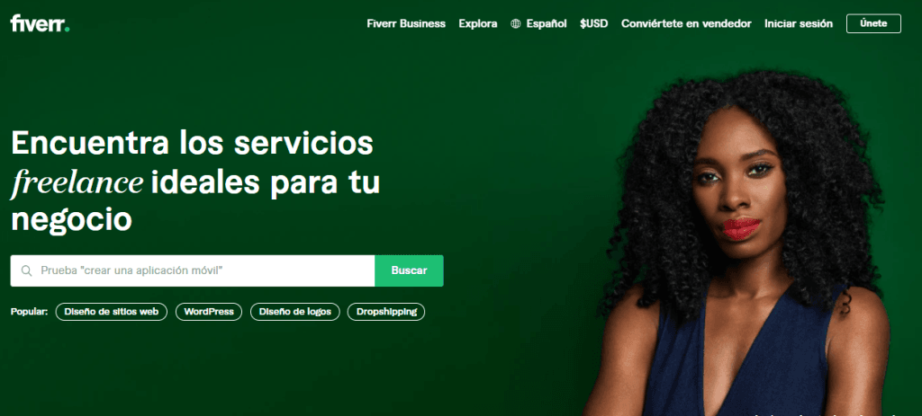 Página principal de Fiverr en español, destacando servicios freelance para negocios.