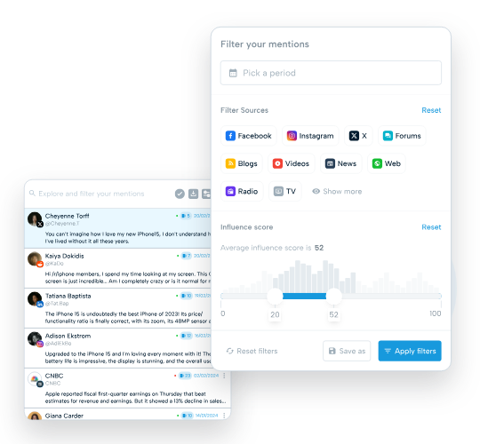 Filtros de búsqueda en Mention para segmentar menciones por redes sociales, medios y nivel de influencia.