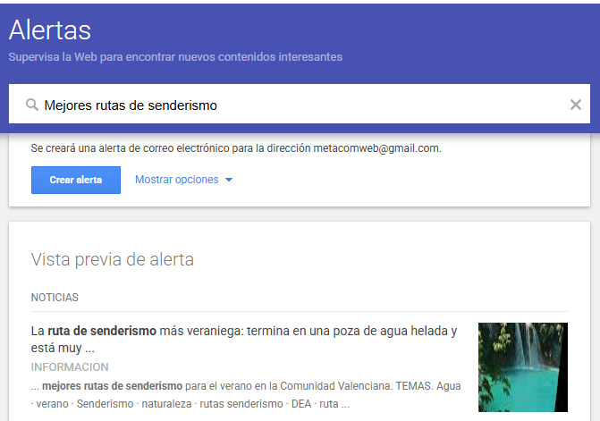 Vista previa de una alerta configurada en Google Alerts para la búsqueda “Mejores rutas de senderismo”.