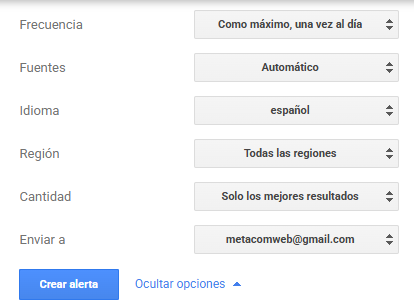 Configuración de frecuencia, idioma, región y fuentes en Google Alerts para recibir notificaciones personalizadas.
