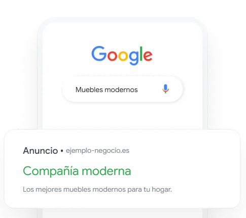 Ejemplo de anuncio en Google Ads para la búsqueda de muebles modernos, mostrando cómo la publicidad online ayuda a captar clientes.