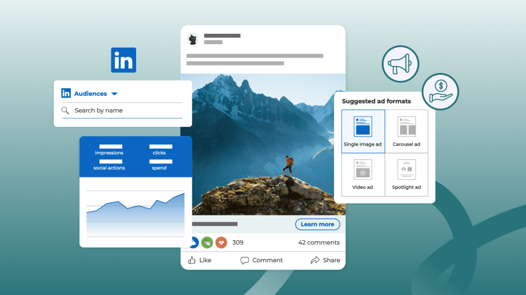 Ejemplo de campaña publicitaria en LinkedIn con métricas de impresiones, clics y gasto, además de formatos de anuncio sugeridos para captar usuarios.