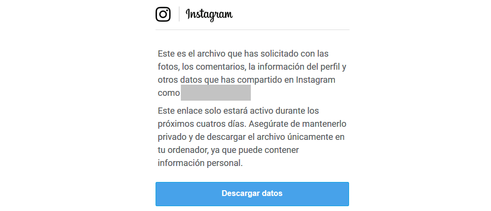 Pantalla de Instagram para descargar datos: fotos, comentarios y perfil