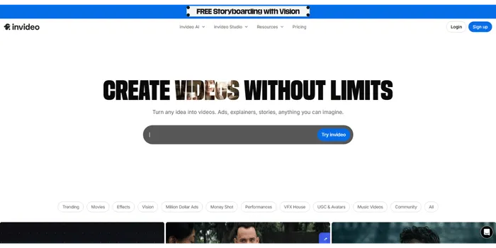 Interfaz de InVideo AI para generar anuncios de video sin cámara