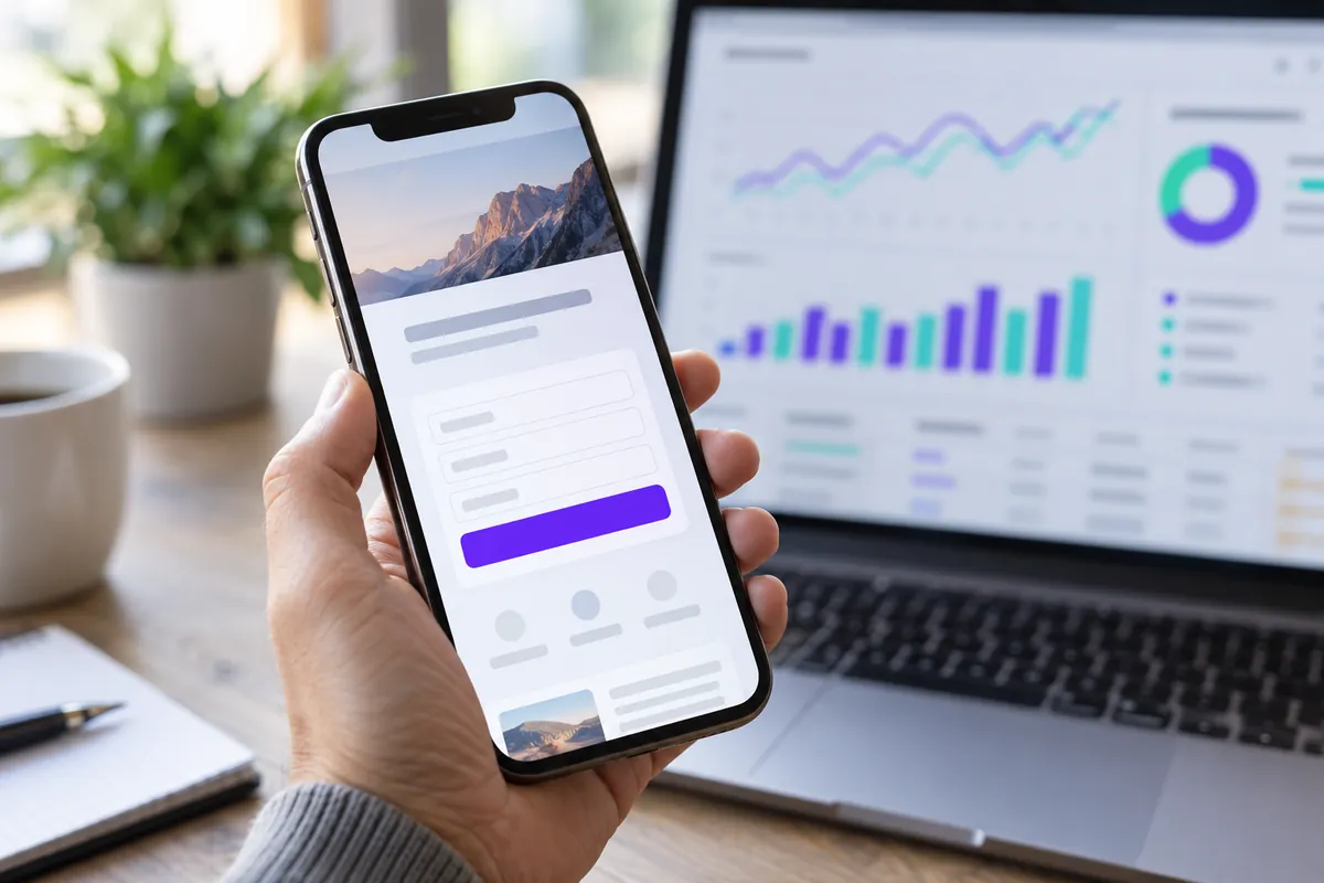 Mano sujetando un móvil con una landing page con formulario y botón, junto a un portátil con los resultados de una campaña de anuncios