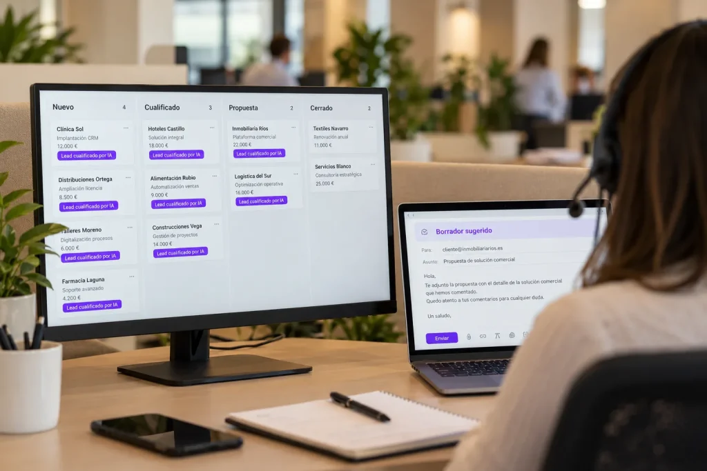Monitor con un CRM en vista de embudo y leads cualificados por IA, y un portátil con un borrador de correo sugerido