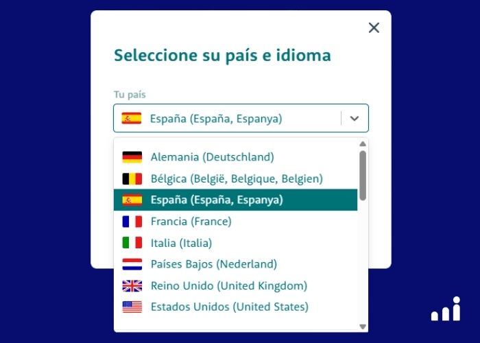 Selector de país e idioma con opciones como España, Alemania, Francia, Italia y Estados Unidos