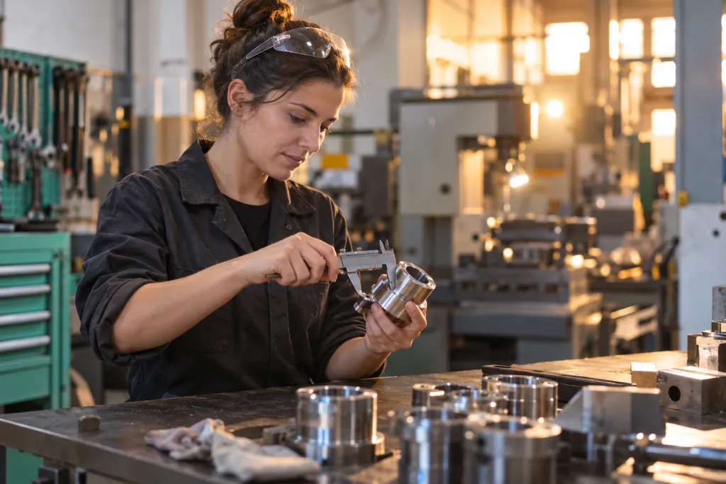 Operaria con gafas de protección mide una pieza metálica con un calibre en un taller industrial con luz cálida al fondo