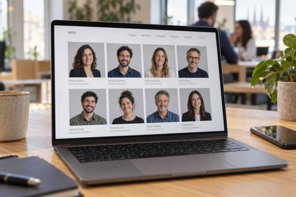 Portátil sobre una mesa que muestra la página de equipo de una web con ocho retratos con el mismo fondo gris y la misma luz