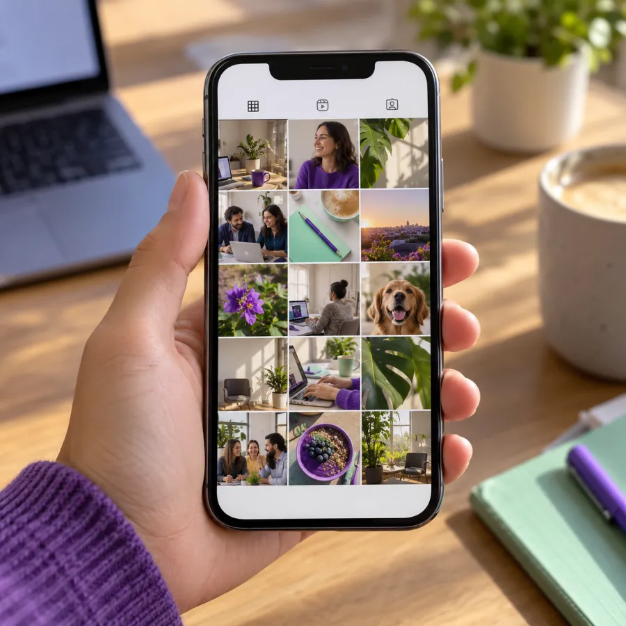 Mano sujetando un móvil con la cuadrícula de un perfil de empresa con fotos propias de luz cálida, detalles morados y verde menta, equipo y producto